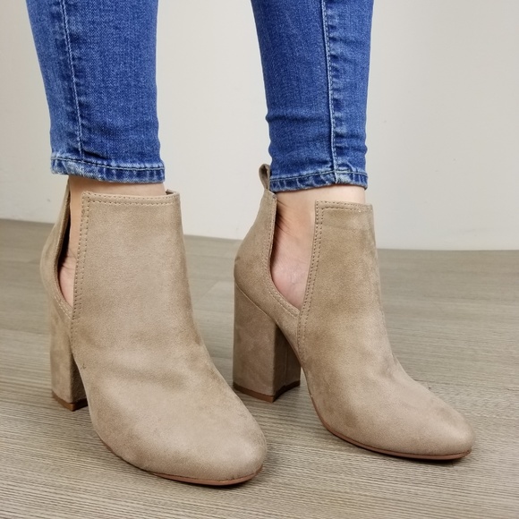 Vegan Suede Tan Cute Ankle Boots W/ Open Sides - Picture 2 of 8